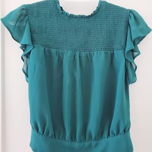 Teal Smocked Flutter Sleeve Blouse with Back Tie